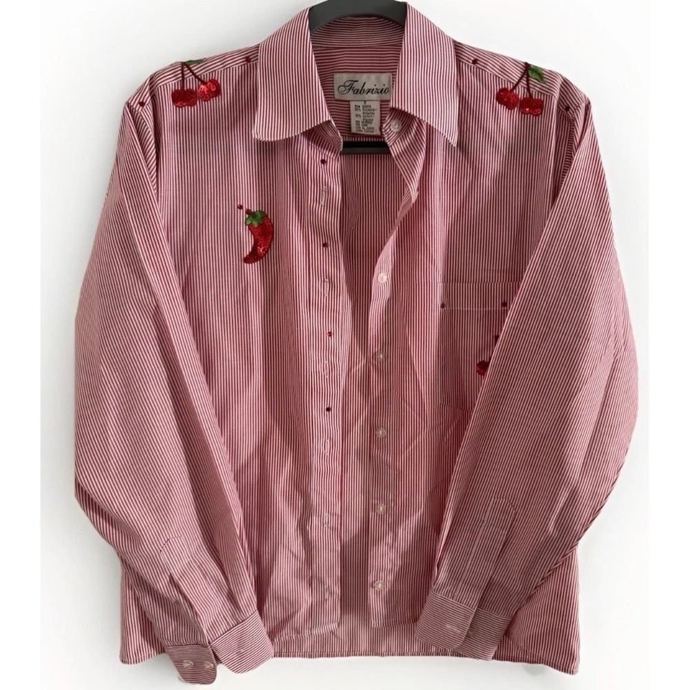 Fabrizio Woman's SZ Small Embroidered Cherries & Red peppers & Apples Button up